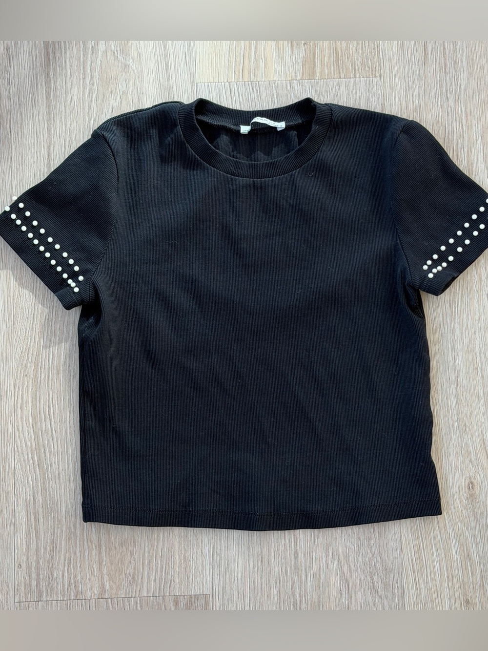 Zara Black Short-Sleeve Top with Pearl Embellishment Accent